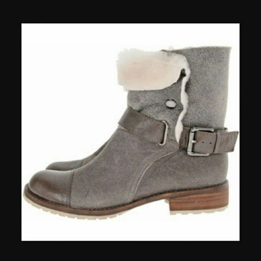 Matt Bernson Gray Suede Shearling-Trim Ankle Boots with Brown Leather Accents